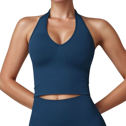Anna-Kaci Active Women's Seamless Ribbed Knit Halter Crop Top with V-Neckline and Built-In Support