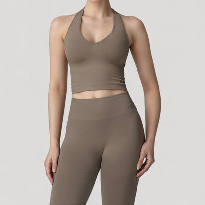 Anna-Kaci Active Women's Seamless Ribbed Knit Halter Crop Top with V-Neckline and Built-In Support