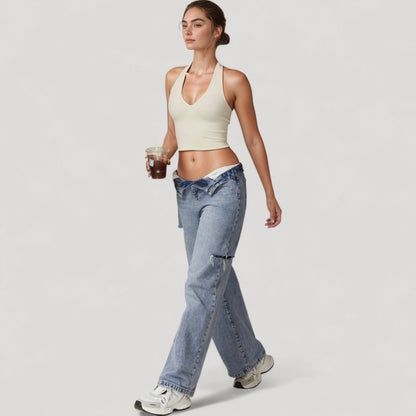 Anna-Kaci Active Women's Seamless Ribbed Knit Halter Crop Top with V-Neckline and Built-In Support