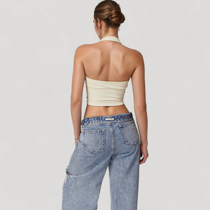 Anna-Kaci Active Women's Seamless Ribbed Knit Halter Crop Top with V-Neckline and Built-In Support