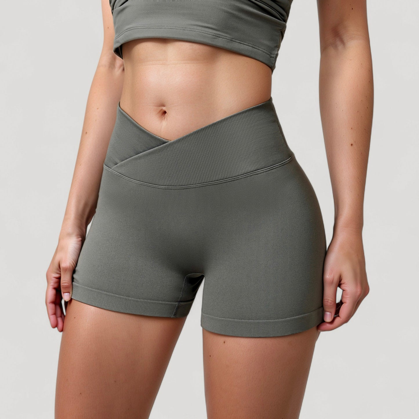 Anna-Kaci Active Women's High Waist Seamless Ribbed Biker Shorts with Crossover Waistband and Compression Fit
