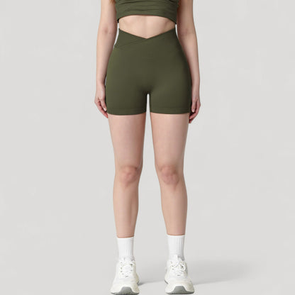 Anna-Kaci Active Women's High Waist Seamless Ribbed Biker Shorts with Crossover Waistband and Compression Fit