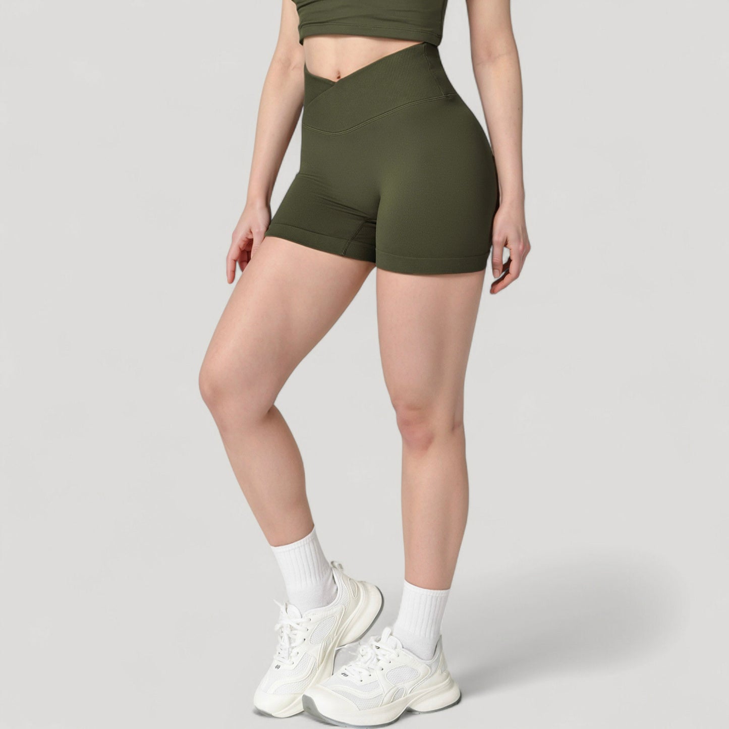 Anna-Kaci Active Women's High Waist Seamless Ribbed Biker Shorts with Crossover Waistband and Compression Fit