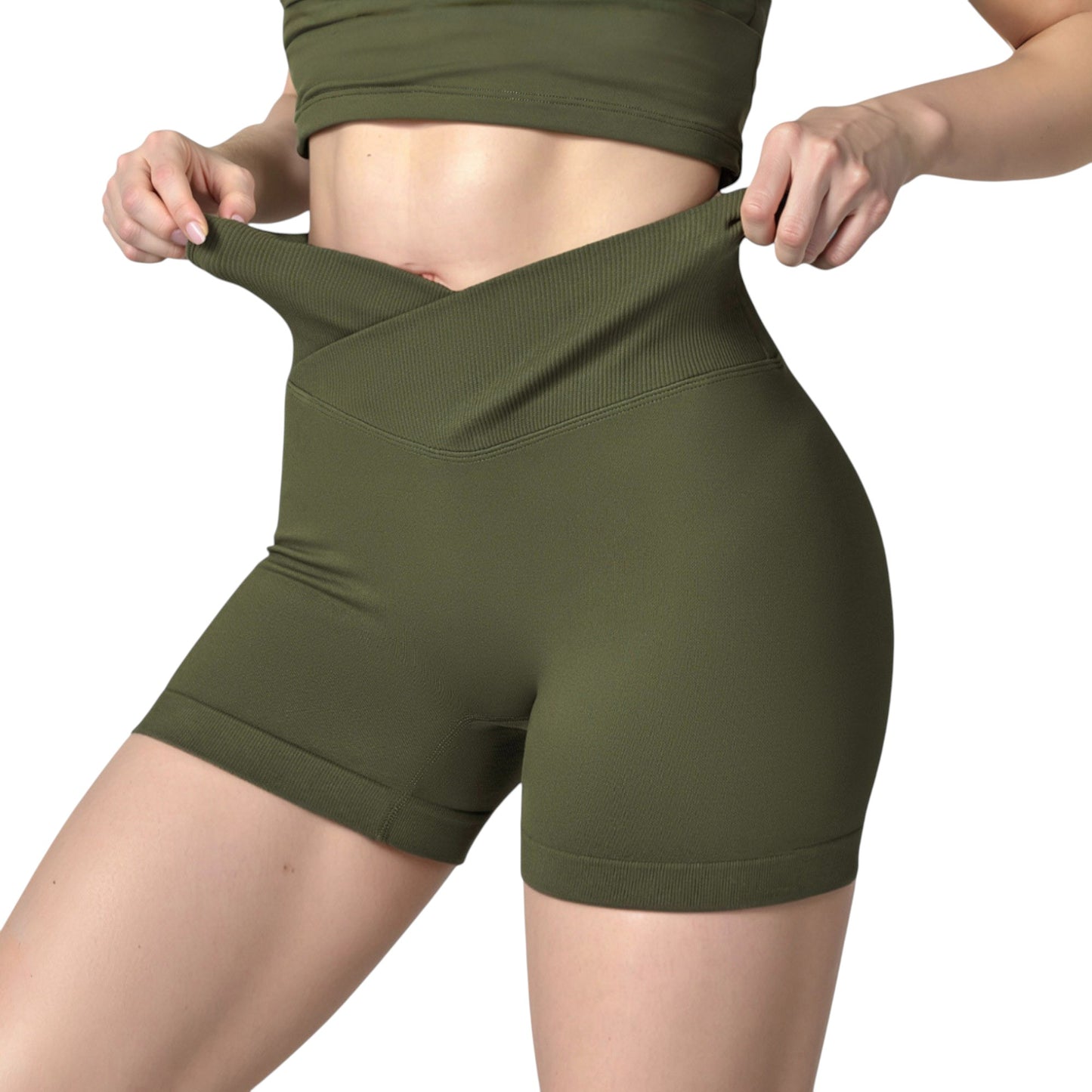 Anna-Kaci Active Women's High Waist Seamless Ribbed Biker Shorts with Crossover Waistband and Compression Fit