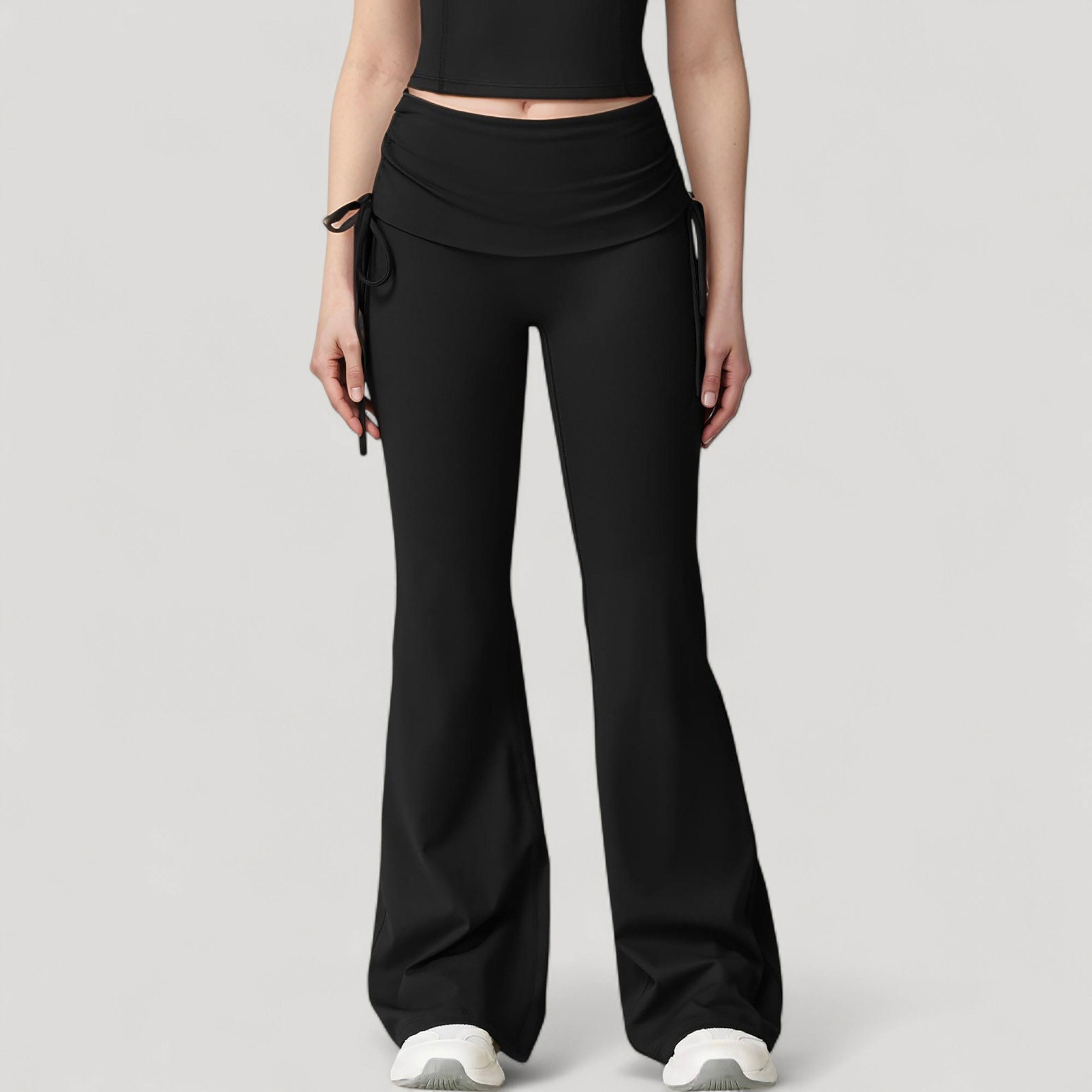 Anna-Kaci Active Women's Drawstring Ruched Waist Flared Leg Pants Stretch Fabric Active Yoga Lounge Bottoms