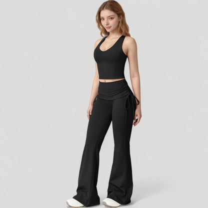 Anna-Kaci Active Women's Drawstring Ruched Waist Flared Leg Pants Stretch Fabric Active Yoga Lounge Bottoms