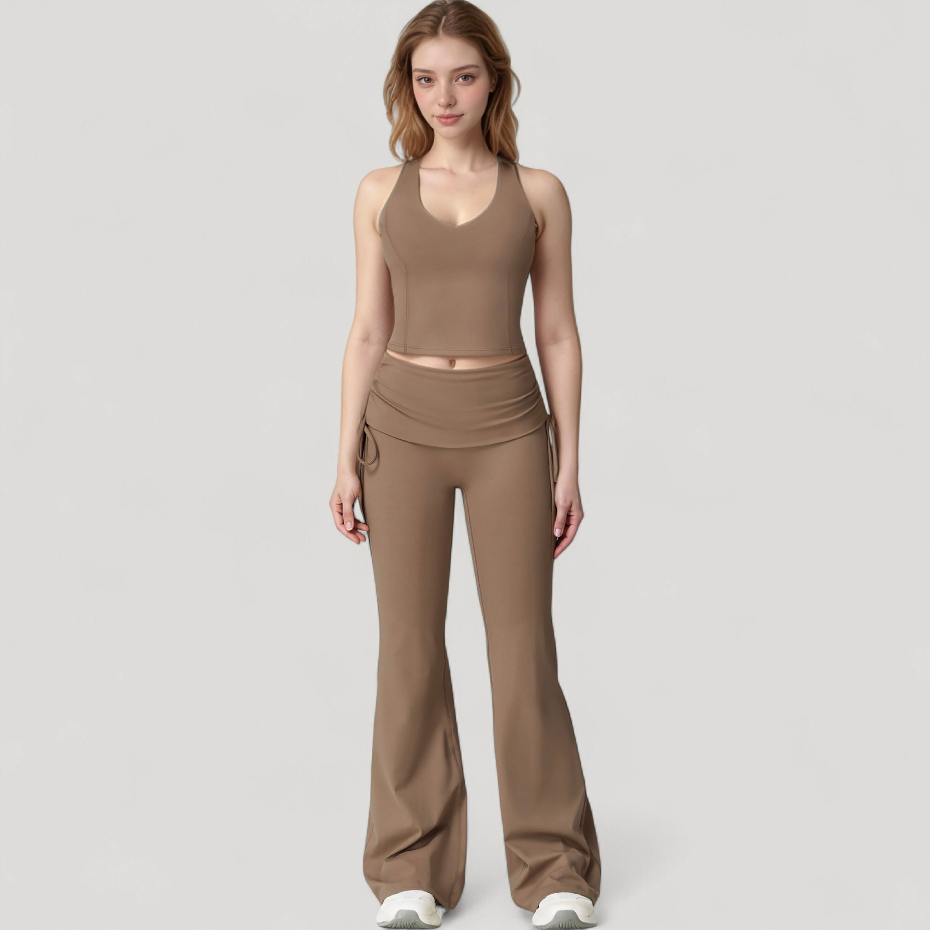 Anna-Kaci Active Women's Drawstring Ruched Waist Flared Leg Pants Stretch Fabric Active Yoga Lounge Bottoms