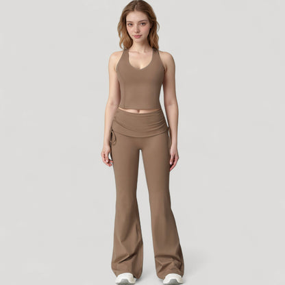 Anna-Kaci Active Women's Drawstring Ruched Waist Flared Leg Pants Stretch Fabric Active Yoga Lounge Bottoms