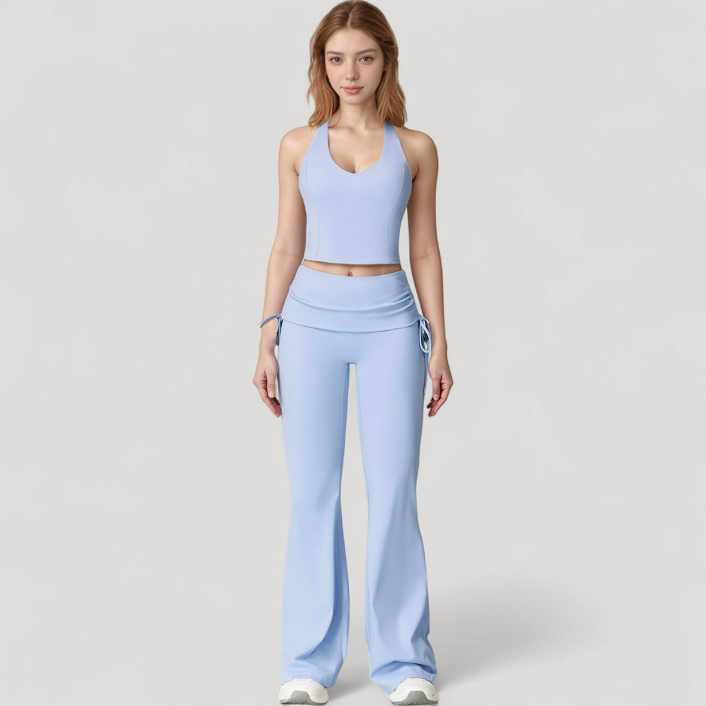 Anna-Kaci Active Women's Drawstring Ruched Waist Flared Leg Pants Stretch Fabric Active Yoga Lounge Bottoms