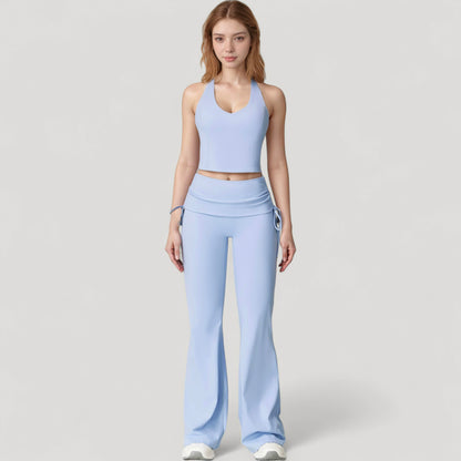 Anna-Kaci Active Women's Drawstring Ruched Waist Flared Leg Pants Stretch Fabric Active Yoga Lounge Bottoms