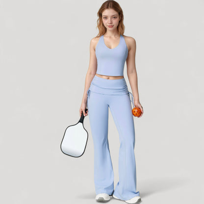 Anna-Kaci Active Women's Drawstring Ruched Waist Flared Leg Pants Stretch Fabric Active Yoga Lounge Bottoms