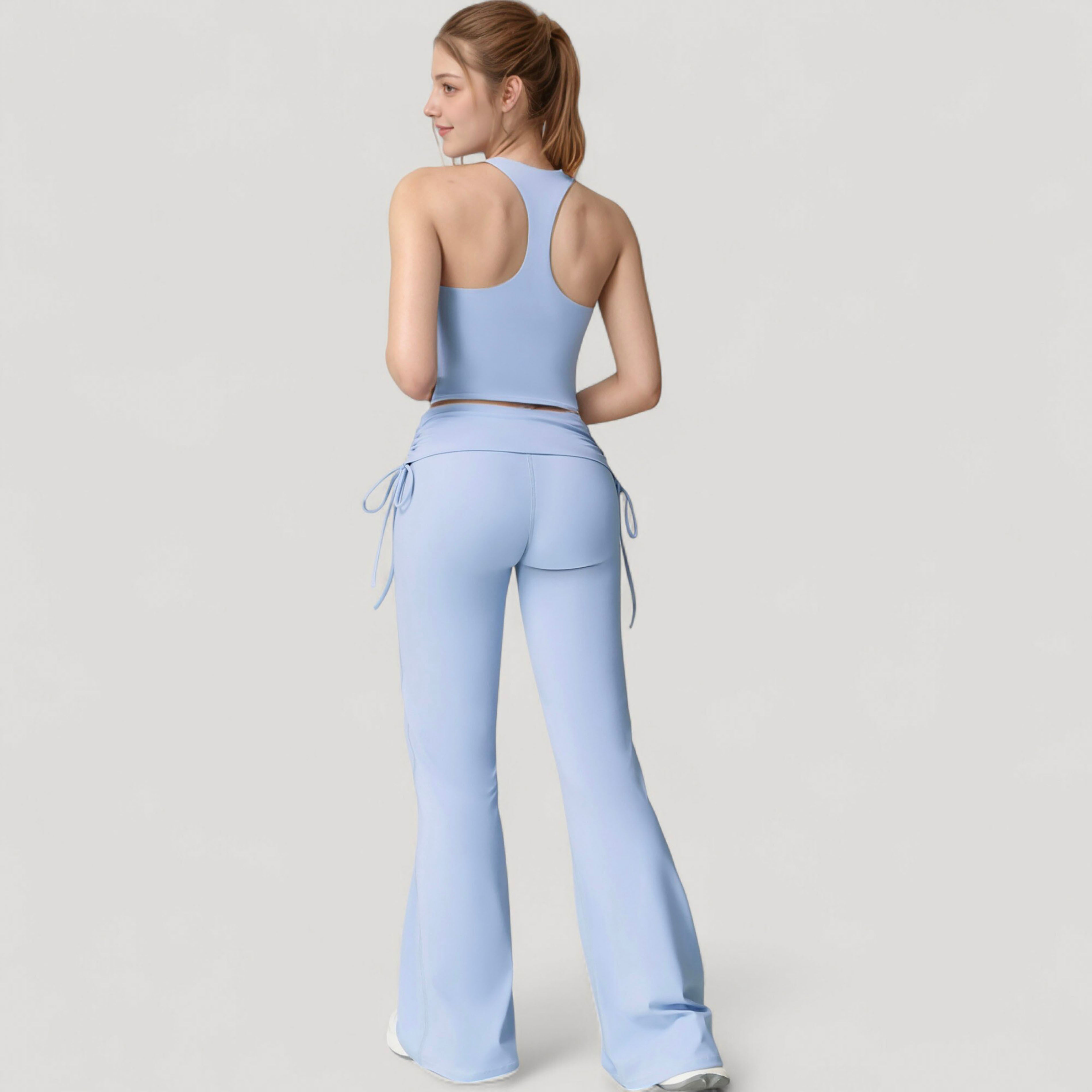 Anna-Kaci Active Women's Drawstring Ruched Waist Flared Leg Pants Stretch Fabric Active Yoga Lounge Bottoms