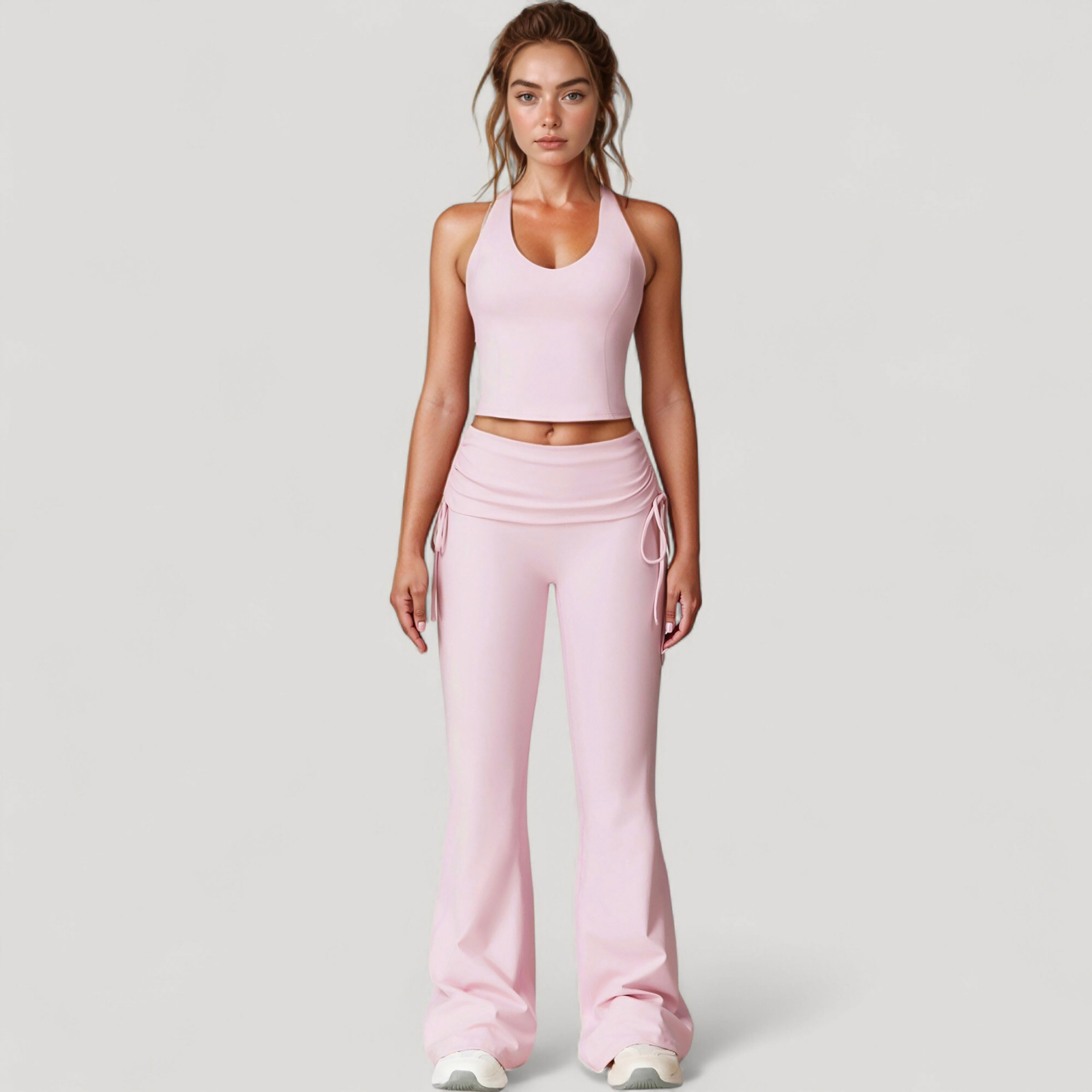Anna-Kaci Active Women's Drawstring Ruched Waist Flared Leg Pants Stretch Fabric Active Yoga Lounge Bottoms