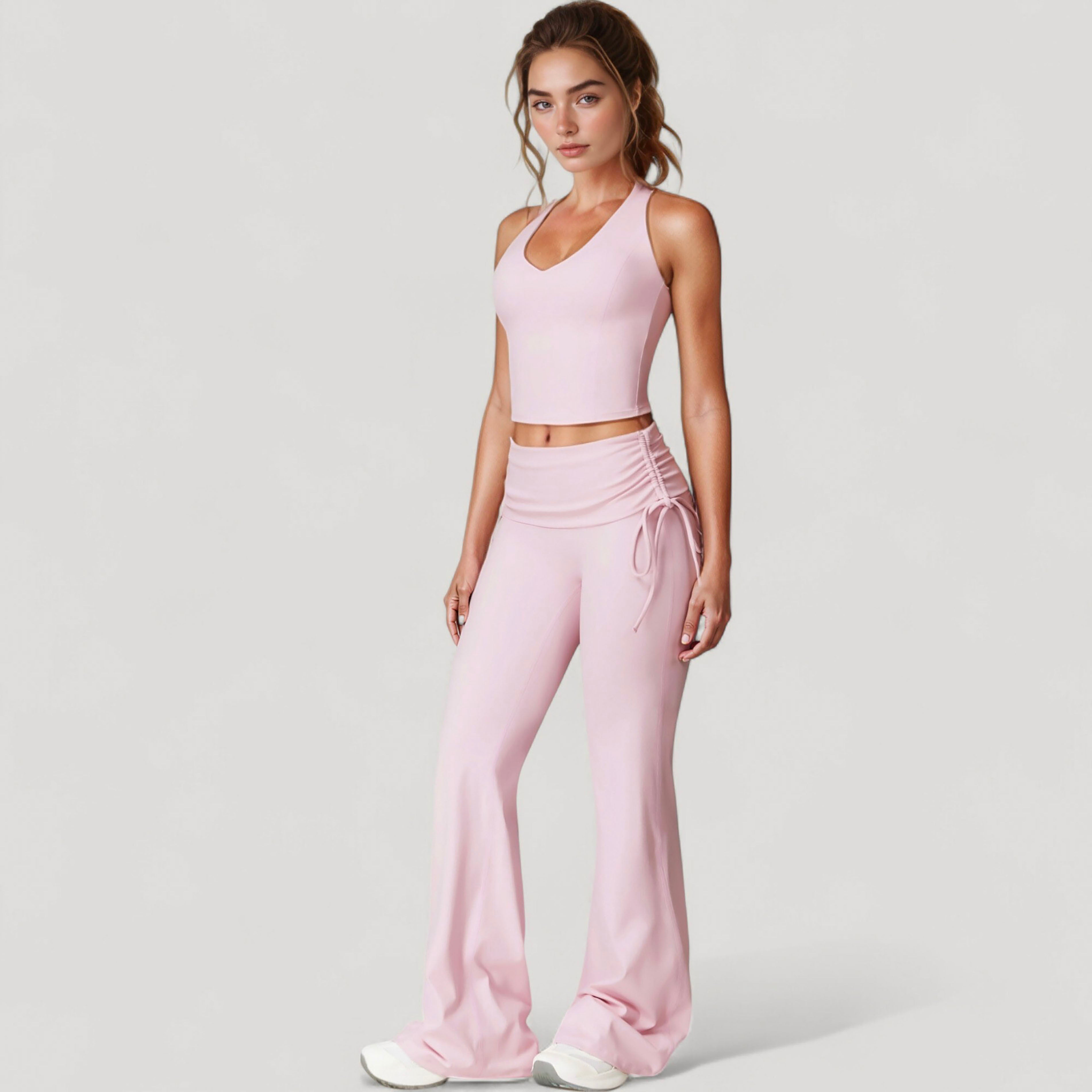 Anna-Kaci Active Women's Drawstring Ruched Waist Flared Leg Pants Stretch Fabric Active Yoga Lounge Bottoms