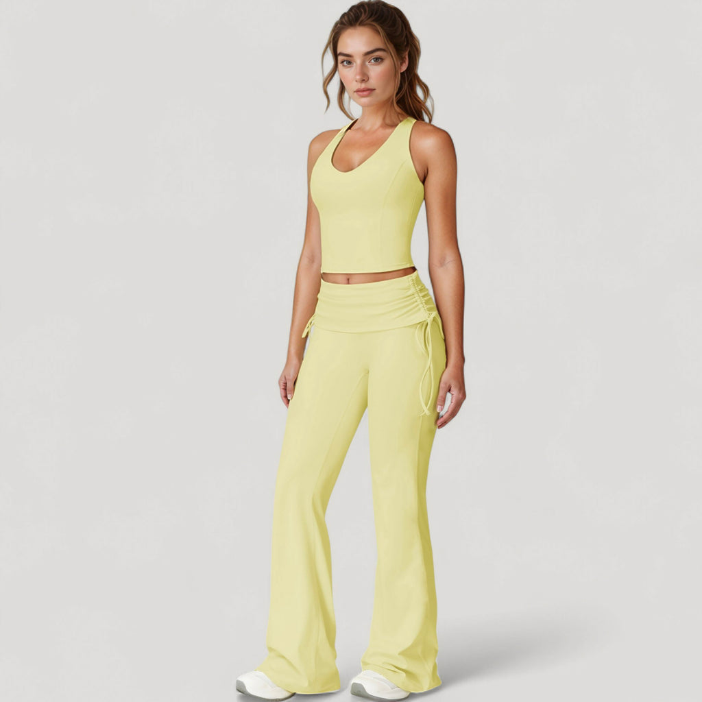 Anna-Kaci Active Women's Drawstring Ruched Waist Flared Leg Pants Stretch Fabric Active Yoga Lounge Bottoms