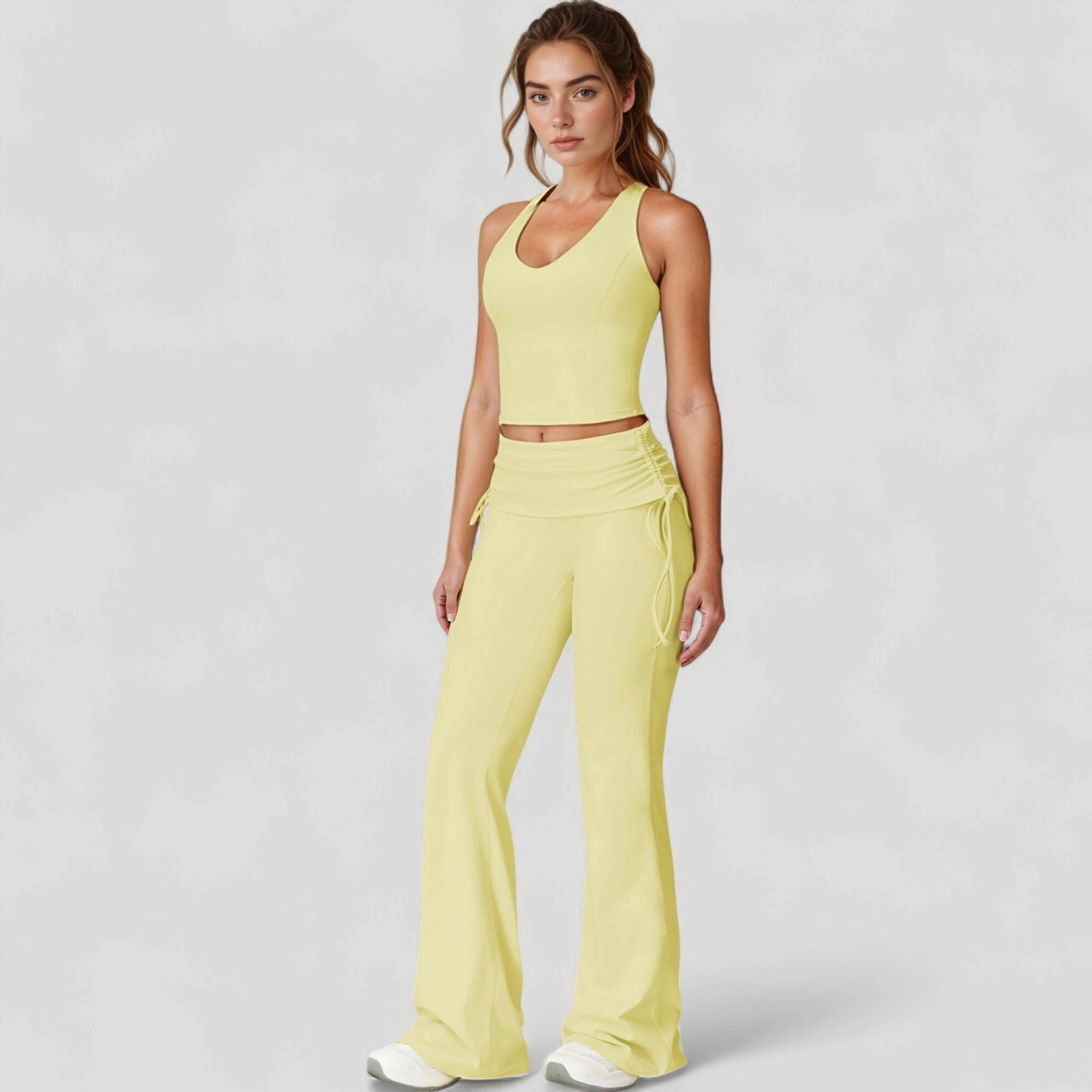 Anna-Kaci Active Women's Drawstring Ruched Waist Flared Leg Pants Stretch Fabric Active Yoga Lounge Bottoms