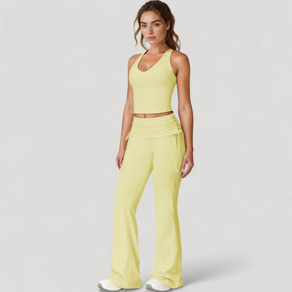 Anna-Kaci Active Women's Drawstring Ruched Waist Flared Leg Pants Stretch Fabric Active Yoga Lounge Bottoms