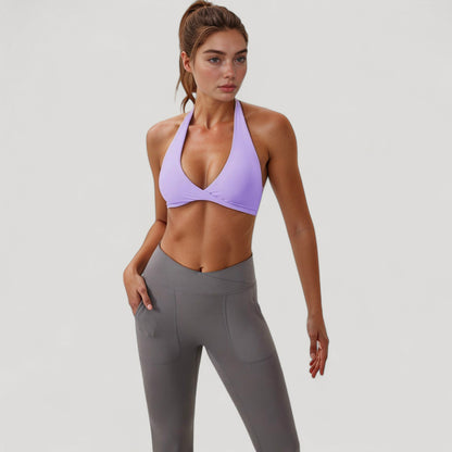 Anna-Kaci Active Women's Halter Neck Sports Bra with Ruched Front Detail Low Impact Stretch Fabric Removable Padding