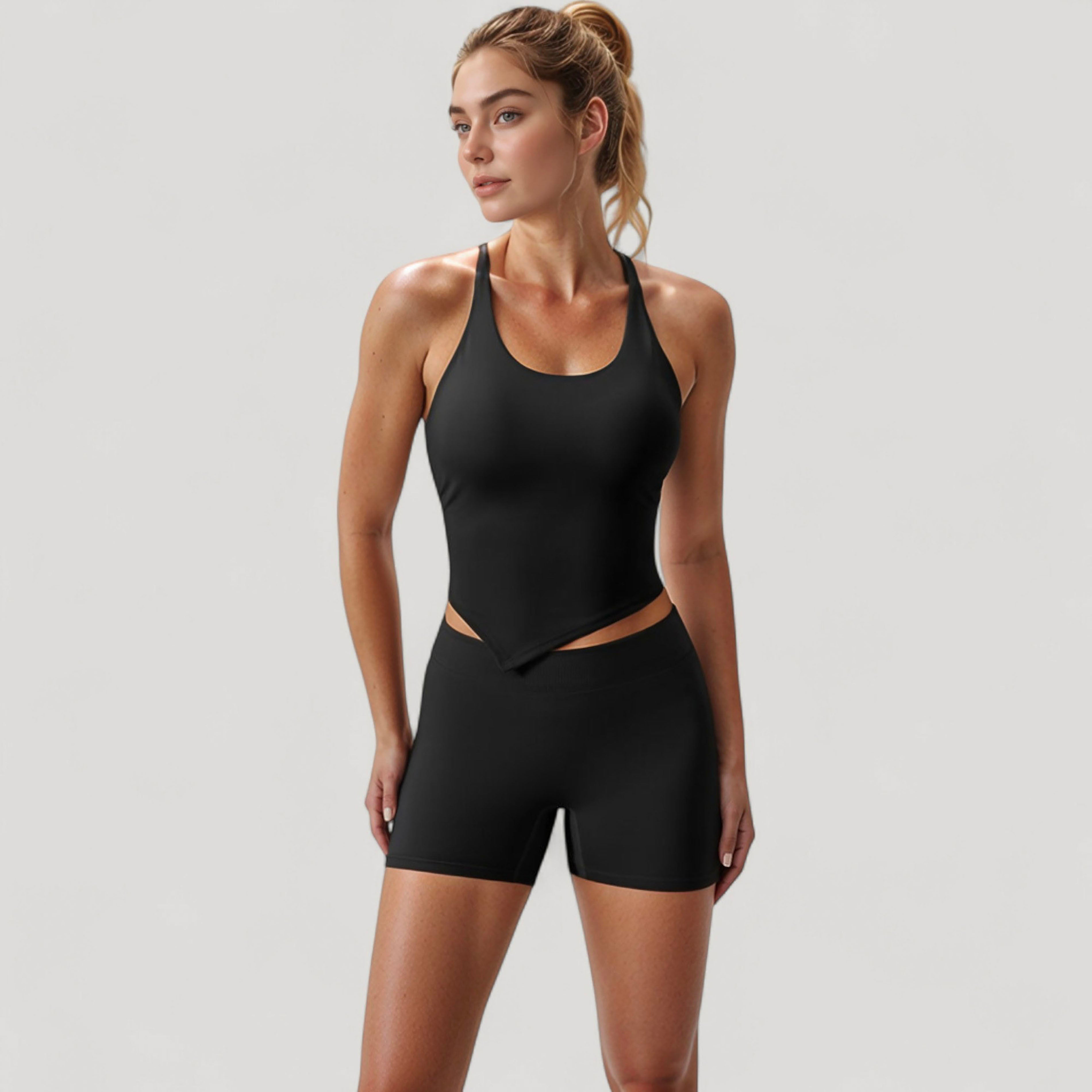 Anna-Kaci Active Women's Scoop Neck Racerback Tank Top with Handkerchief Hem and Built-In Shelf Bra for Low Impact Activity