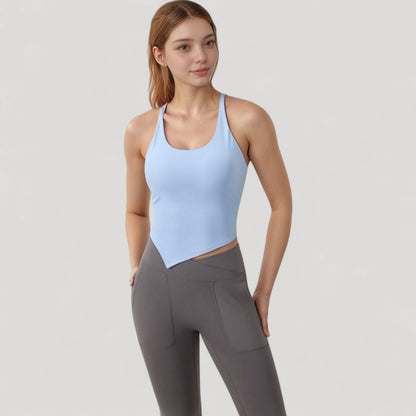 Anna-Kaci Active Women's Scoop Neck Racerback Tank Top with Handkerchief Hem and Built-In Shelf Bra for Low Impact Activity