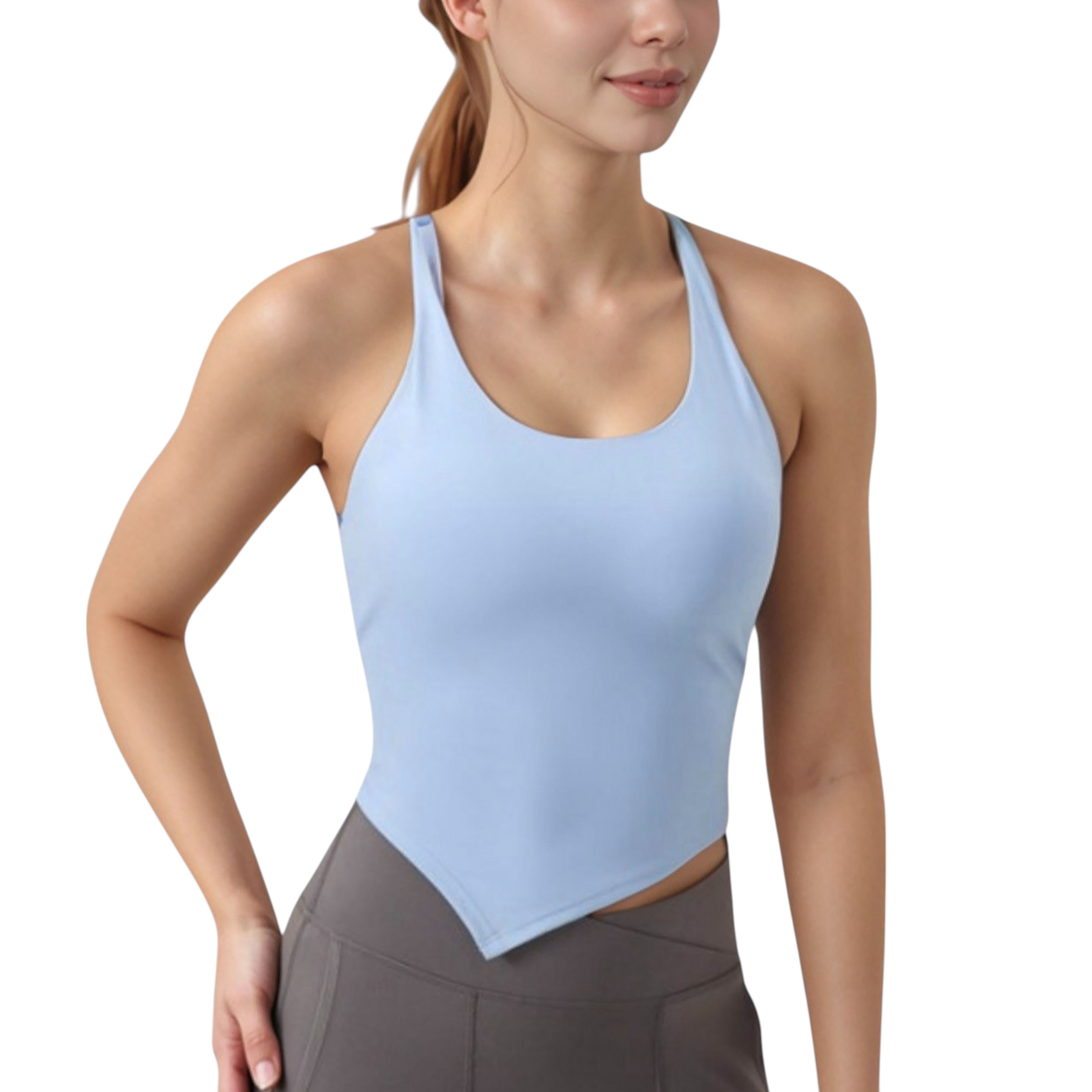 Anna-Kaci Active Women's Scoop Neck Racerback Tank Top with Handkerchief Hem and Built-In Shelf Bra for Low Impact Activity