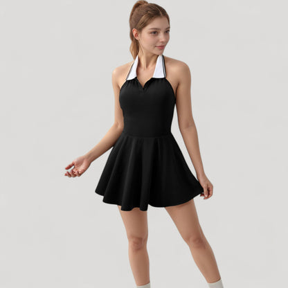 Anna-Kaci Active Women's Sleeveless Tennis Dress with Contrast Polo Collar and Flared Skirt Design