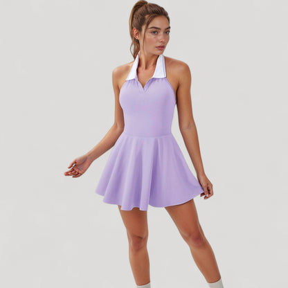 Anna-Kaci Active Women's Sleeveless Tennis Dress with Contrast Polo Collar and Flared Skirt Design