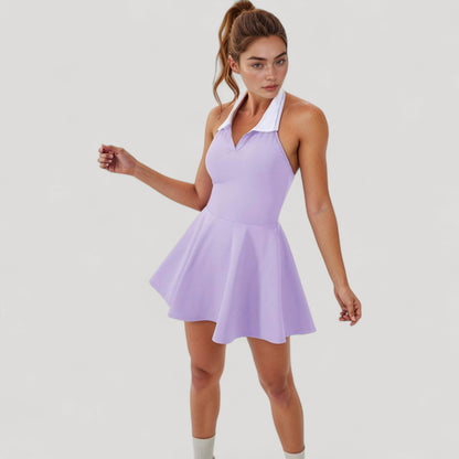 Anna-Kaci Active Women's Sleeveless Tennis Dress with Contrast Polo Collar and Flared Skirt Design