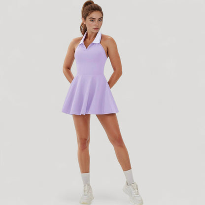 Anna-Kaci Active Women's Sleeveless Tennis Dress with Contrast Polo Collar and Flared Skirt Design