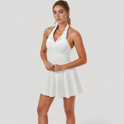 Anna-Kaci Active Women's Sleeveless Tennis Dress with Contrast Polo Collar and Flared Skirt Design