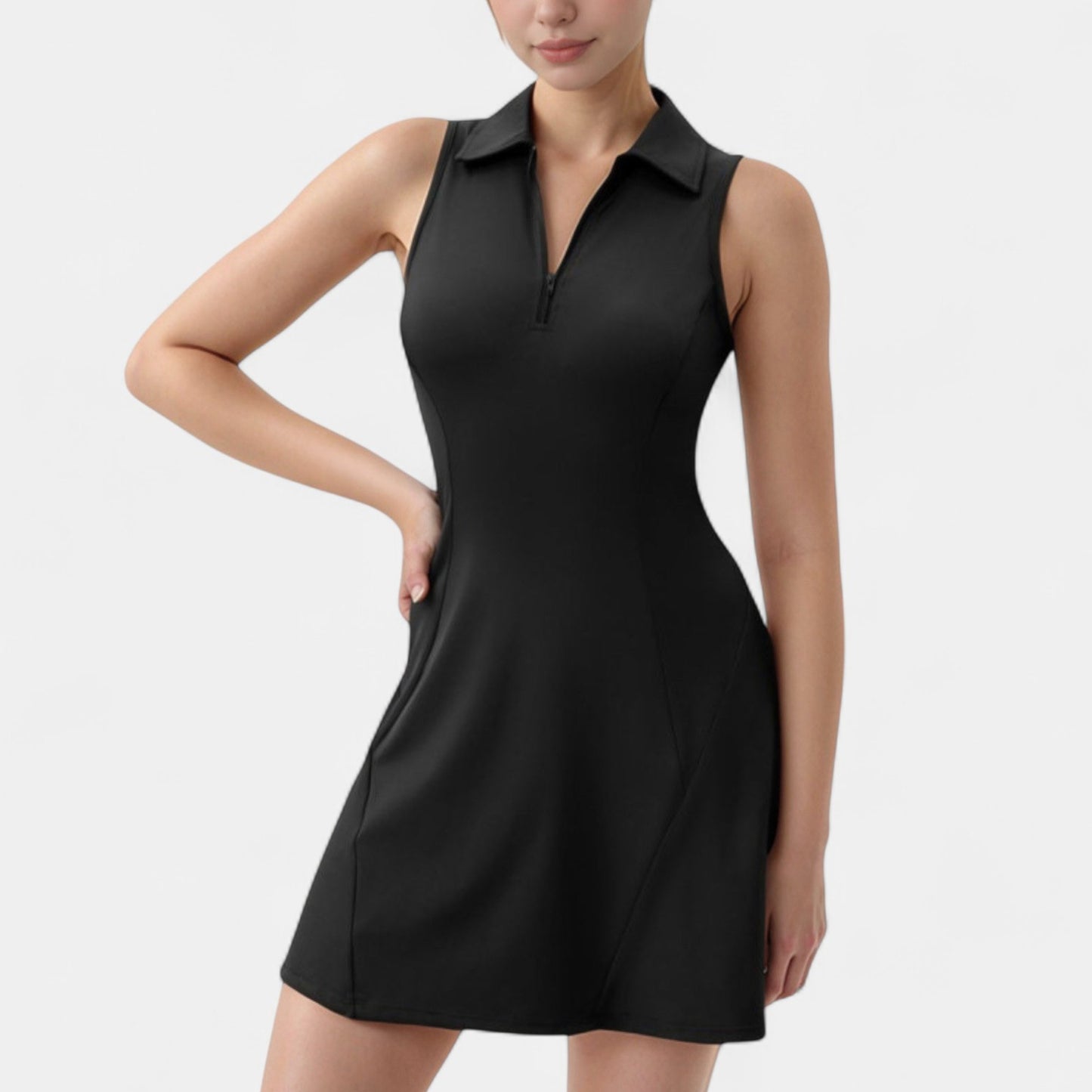 Anna-Kaci Women's Sleeveless Zip-Up Tennis Dress with Collared Neckline and Flared Hem