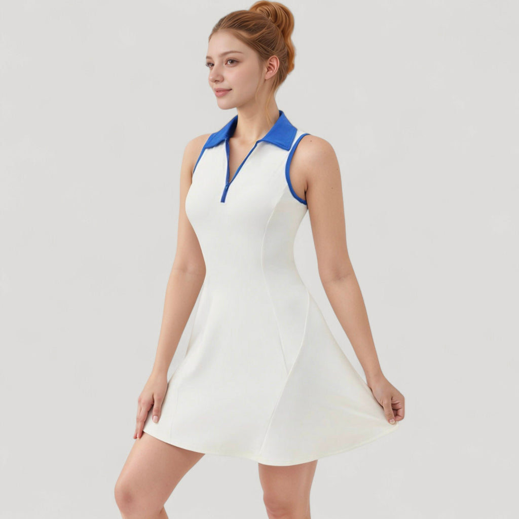 Anna-Kaci Women's Sleeveless Zip-Up Tennis Dress with Collared Neckline and Flared Hem