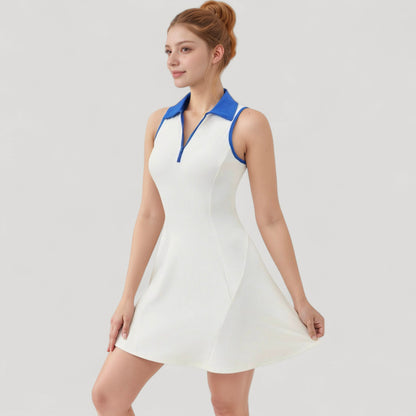 Anna-Kaci Women's Sleeveless Zip-Up Tennis Dress with Collared Neckline and Flared Hem