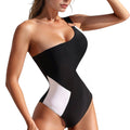 Anna-Kaci Women's One Shoulder Monochrome Swimsuit with Asymmetrical Colorblock Design and Ring Strap Detail