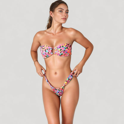 Anna-Kaci Women's Bandeau Bikini Set with Keyhole Front and High Leg Bottoms in Checkered Texture Fabric