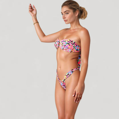 Anna-Kaci Women's Bandeau Bikini Set with Keyhole Front and High Leg Bottoms in Checkered Texture Fabric
