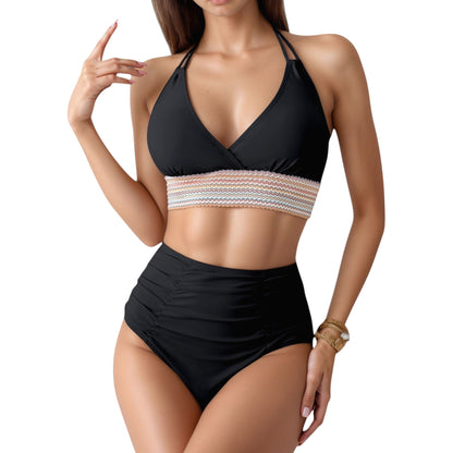 Anna-Kaci Women's High Waist Bikini Set with Crochet Waistband and Halter V Neck Top