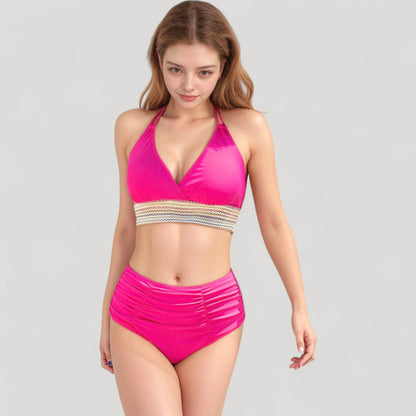 Anna-Kaci Women's High Waist Bikini Set with Crochet Waistband and Halter V Neck Top