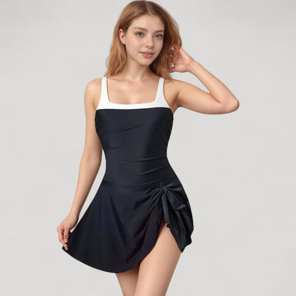 Anna-Kaci Women's Square Neck Swim Dress with Contrast Trim and Side Bow Skirt Overlay