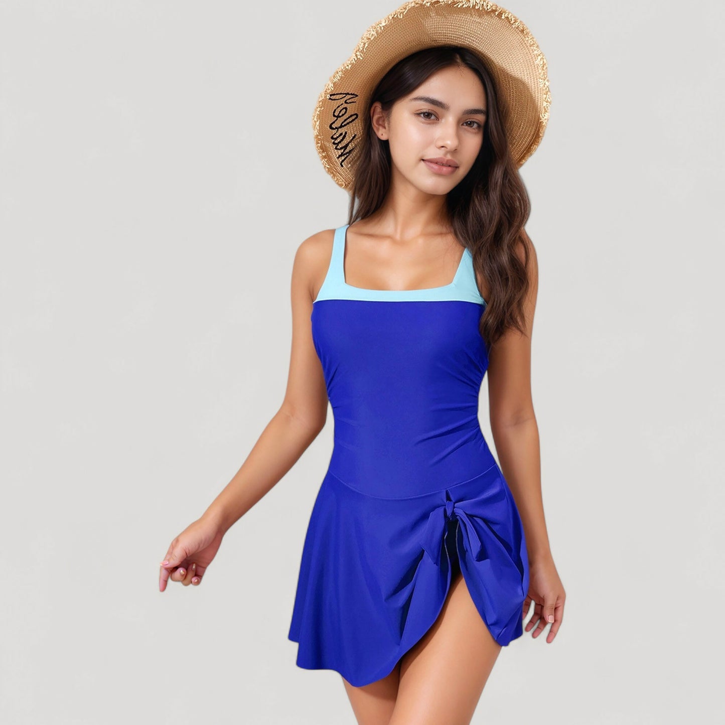 Anna-Kaci Women's Square Neck Swim Dress with Contrast Trim and Side Bow Skirt Overlay