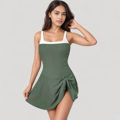 Anna-Kaci Women's Square Neck Swim Dress with Contrast Trim and Side Bow Skirt Overlay