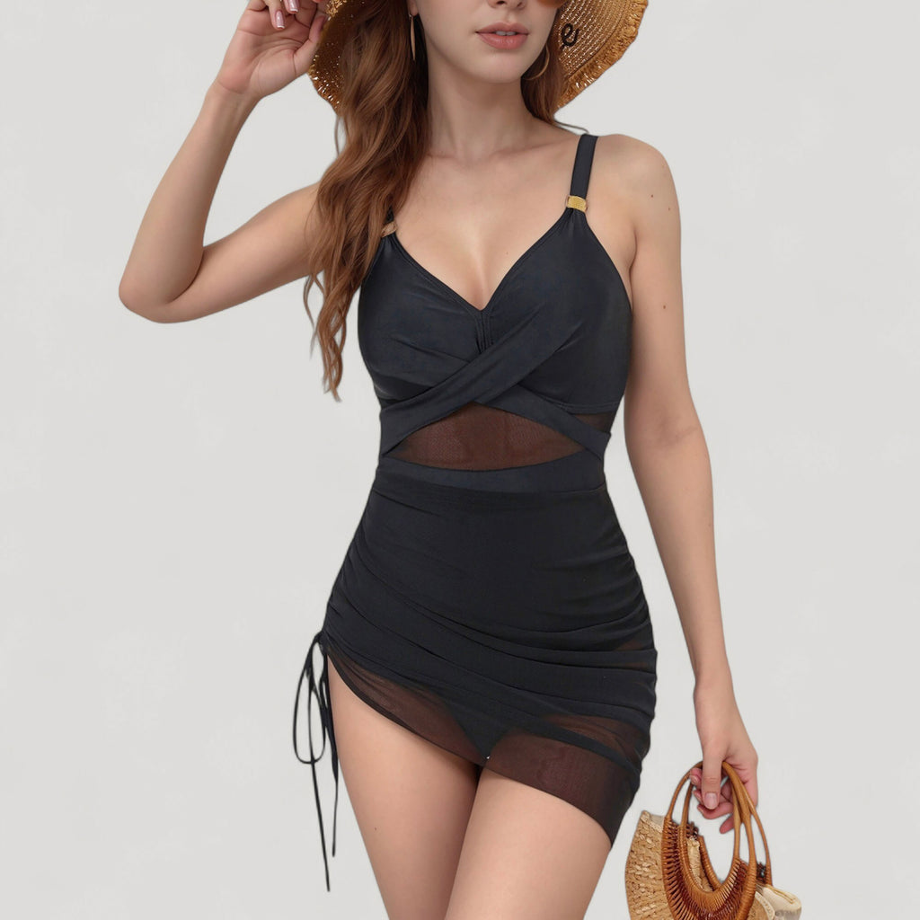 Anna-Kaci Women's Ruched One Piece Swim Dress with Mesh Waist Detail and Adjustable Side Drawstring