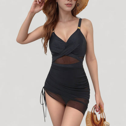Anna-Kaci Women's Ruched One Piece Swim Dress with Mesh Waist Detail and Adjustable Side Drawstring