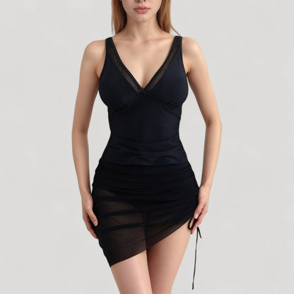 Anna-Kaci Women's Mesh Ruched One Piece Swimsuit Dress with V Neckline and Adjustable Side Drawstring