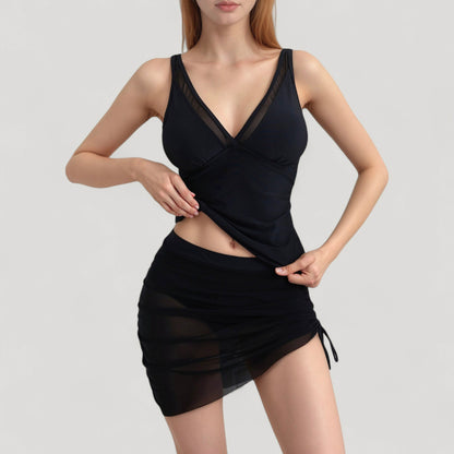 Anna-Kaci Women's Mesh Ruched One Piece Swimsuit Dress with V Neckline and Adjustable Side Drawstring