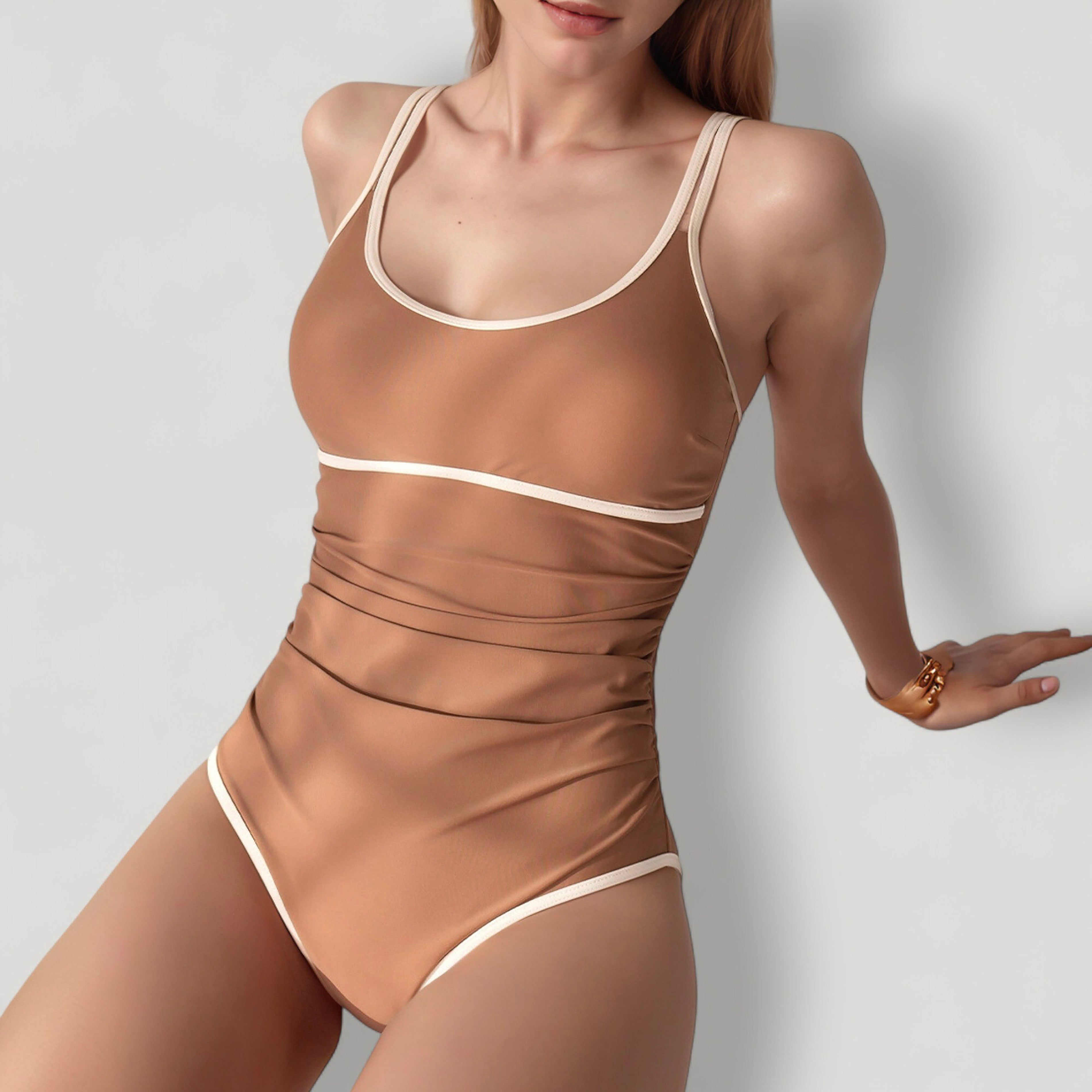 Anna-Kaci Women's One-Piece Swimsuit with Scoop Neck Contrast Trim and Ruched Waist Detail