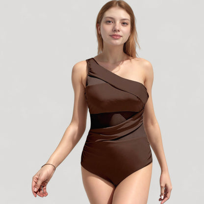 Anna-Kaci Swim Women's One Shoulder One Piece Swimsuit with Sheer Mesh Cutout Panels and Asymmetrical Design