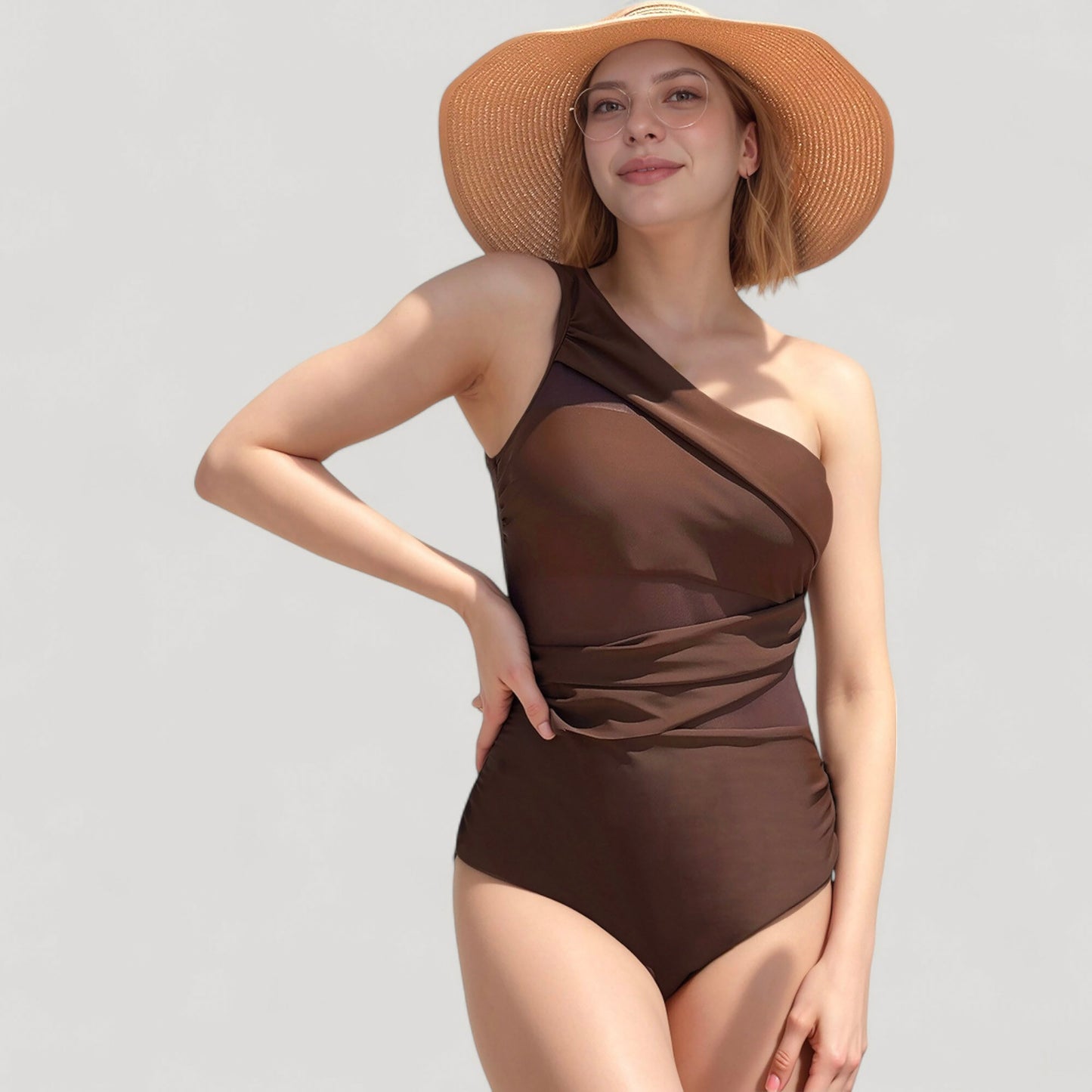 Anna-Kaci Swim Women's One Shoulder One Piece Swimsuit with Sheer Mesh Cutout Panels and Asymmetrical Design