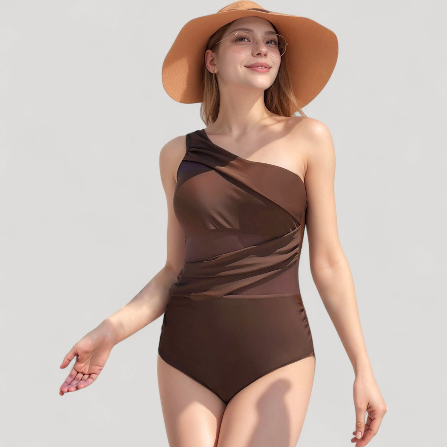 Anna-Kaci Swim Women's One Shoulder One Piece Swimsuit with Sheer Mesh Cutout Panels and Asymmetrical Design