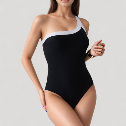 Anna-Kaci Women's One Shoulder One Piece Swimsuit with Asymmetrical Neckline and Contrast Trim Design